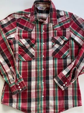 Dakota Five Brother Vintage Western Plaid Flannel Pearl Snap Red Green Medium